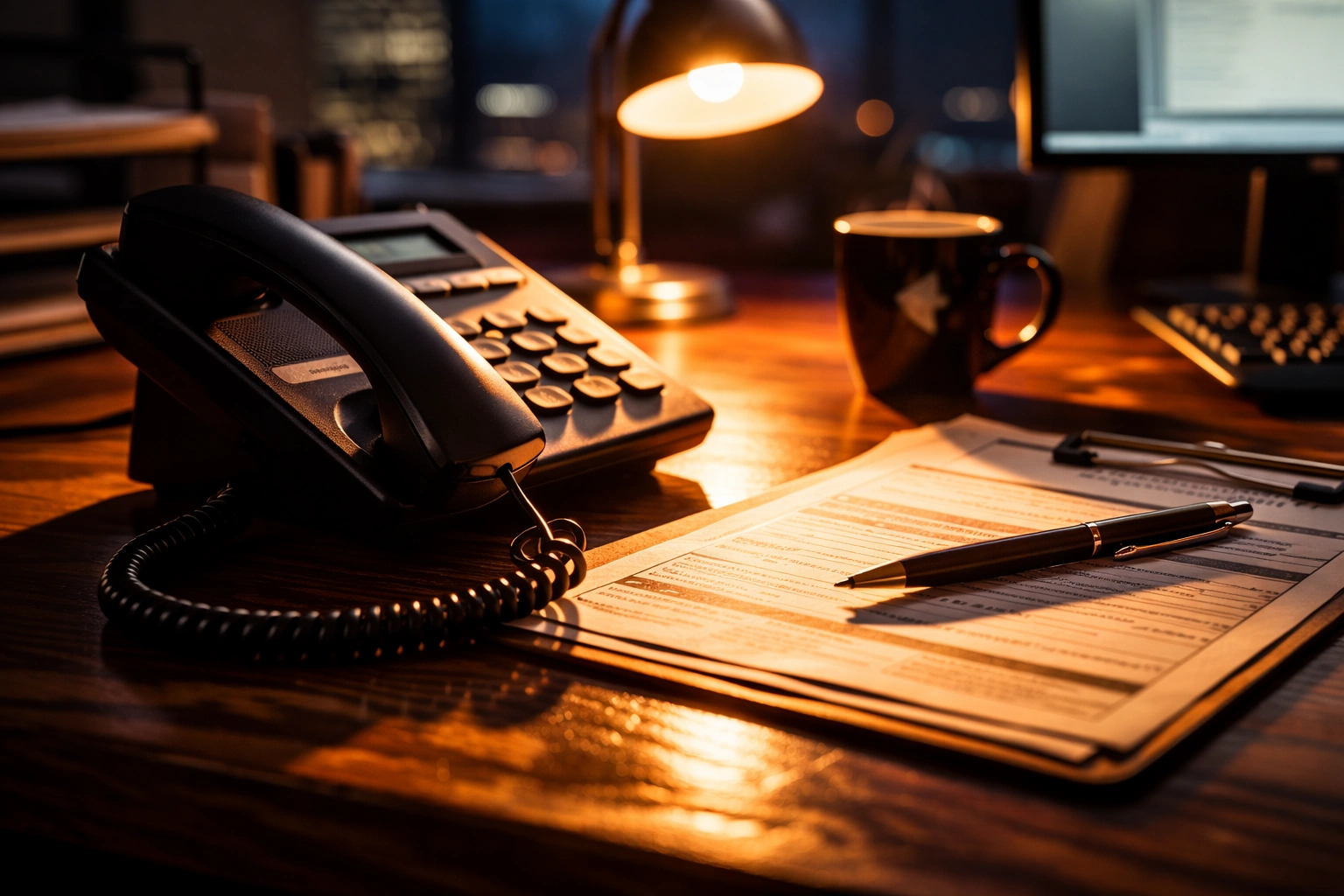 Bail bonds office desk with phone and paperwork ready for client calls