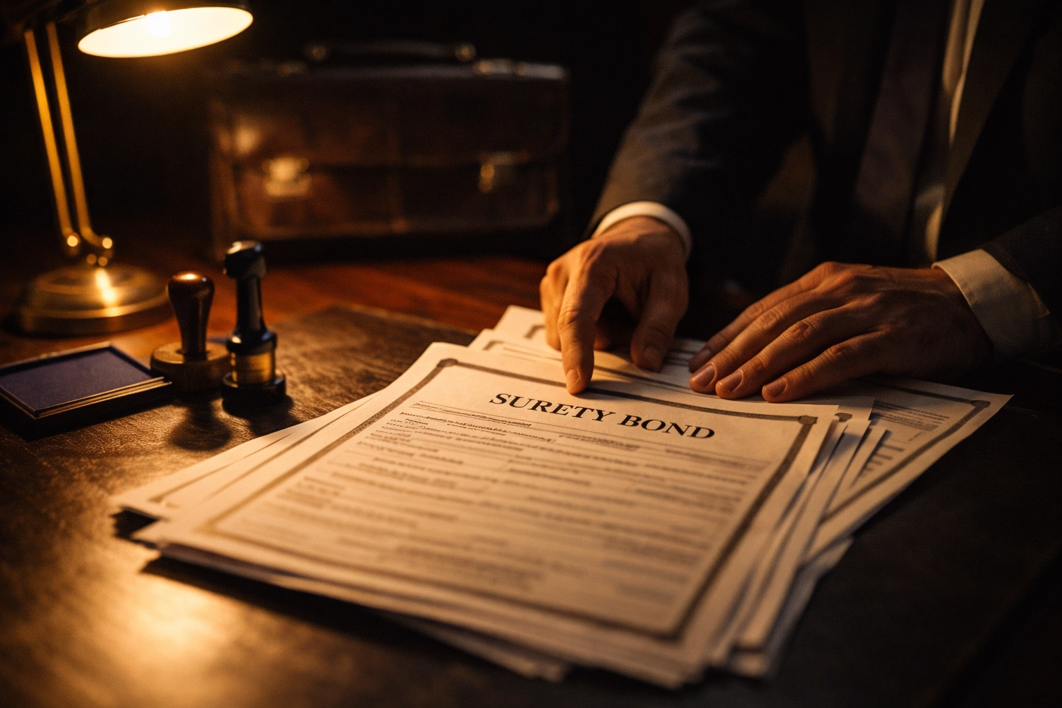 Bail bond agent reviewing surety bond paperwork